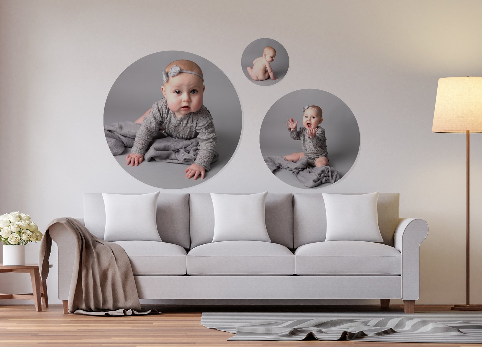 three circular acrylic prints of baby by Bridgwater photographer