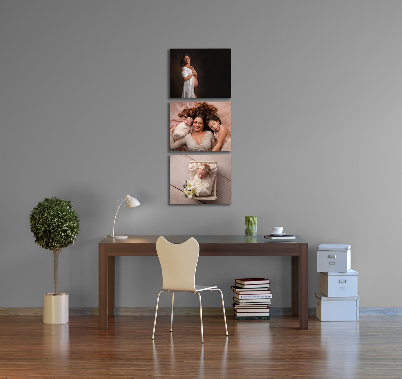 Office with collection of acrylic images of maternity and newborn photos