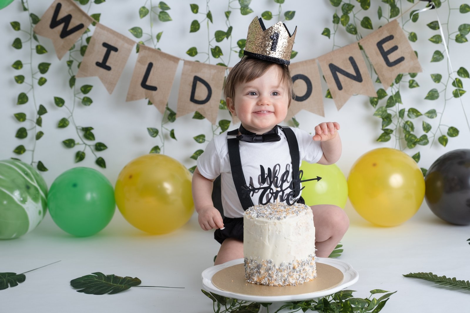 Wild One theme cake smash for baby boy's first birthday photo session in Somerset