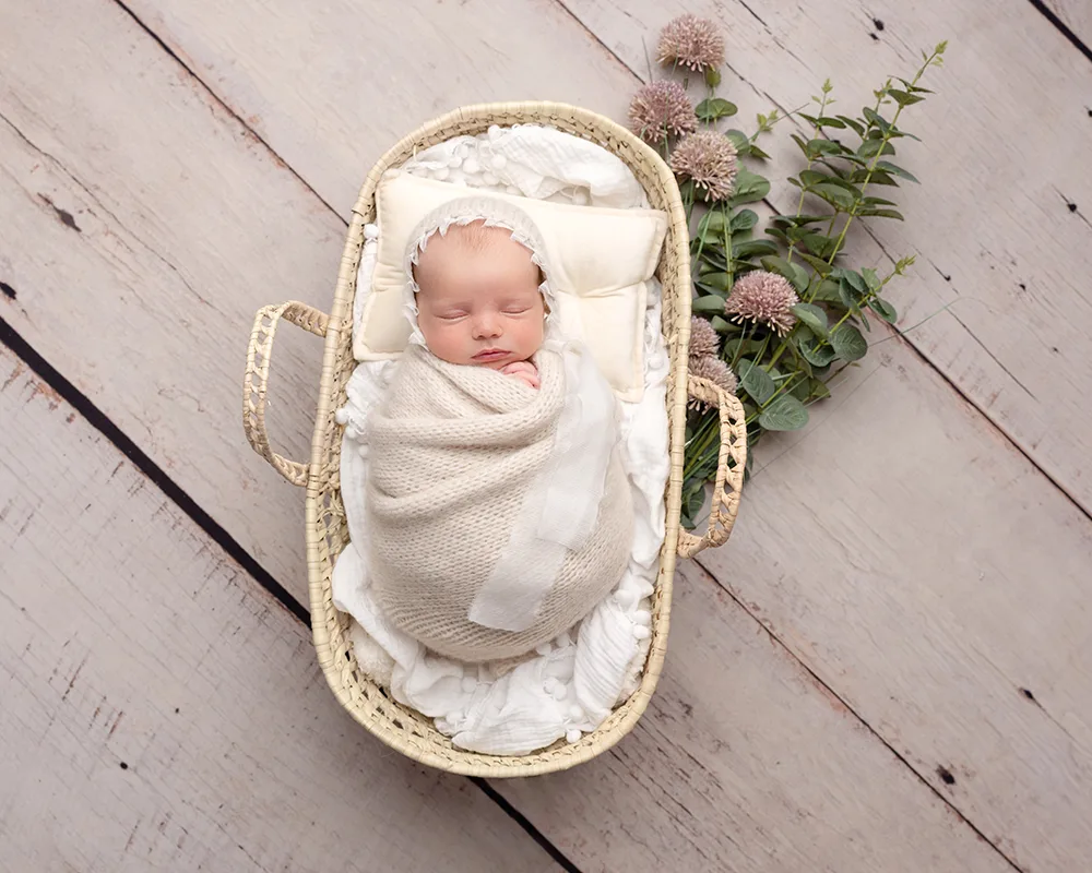 Newborn in Moses basket Somerset photographer