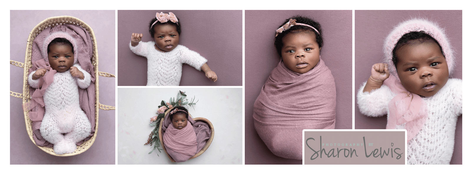 Black skin baby girl with pink headband and bonnet