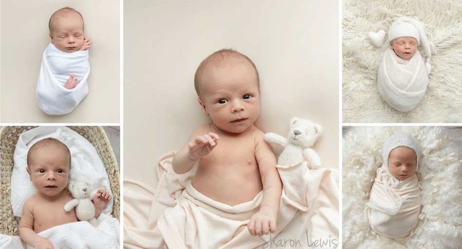 baby boy wrapped in neutral cream colours during baby photo shoot